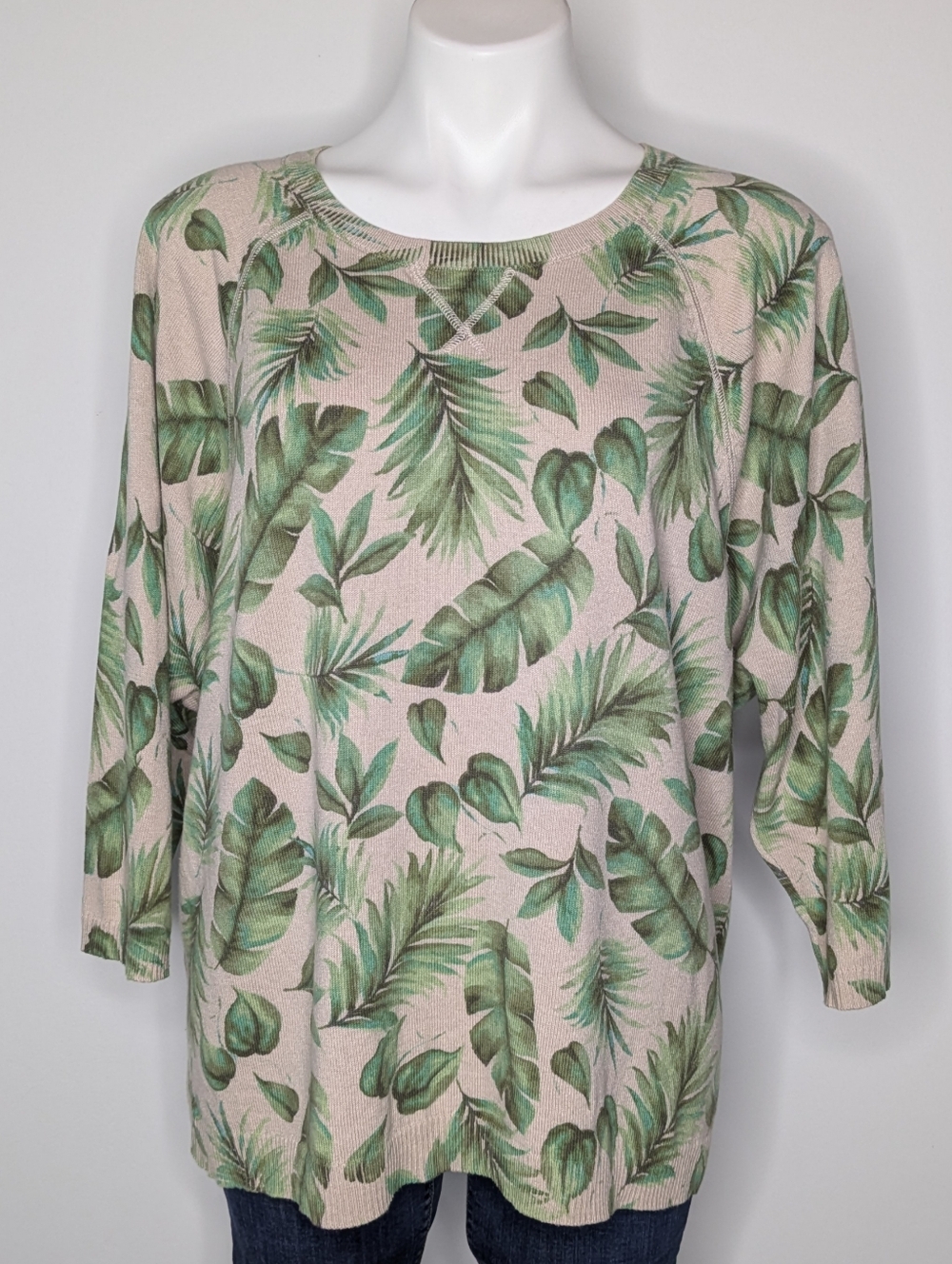 J Jill Cream Green Leaf Foliage 3/4 Sleeve Cotton Blend Sweater L